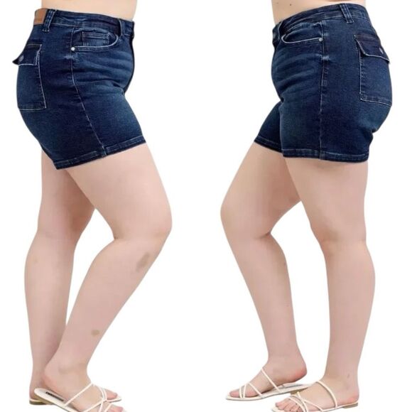 Judy Blue High Rise Jean Shorts Dark Wash Back Flap Pocket Stretch Denim NWT - Picture 6 of 11